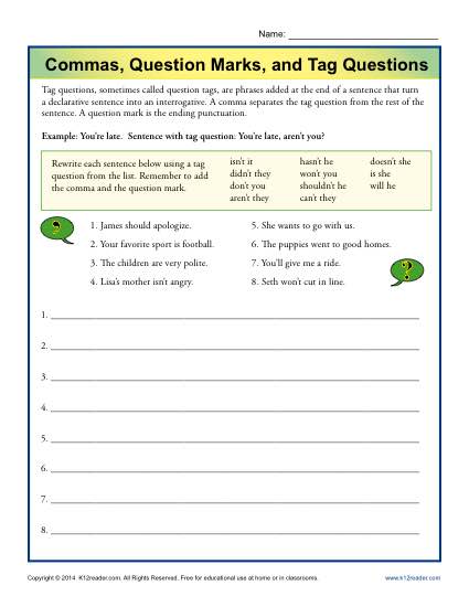 Commas, Question Marks and Tag Questions - Printable Worksheet Lesson Activity