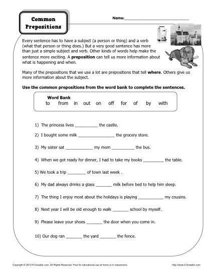 Common Prepositions Worksheet Practice Activity