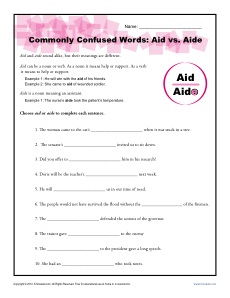 Aid vs. Aide - Commonly Confused Words Worksheet