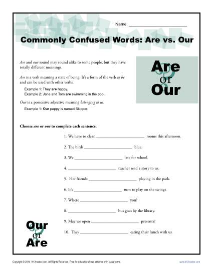 Are vs. Our - Commonly Confused Words Worksheet Activity
