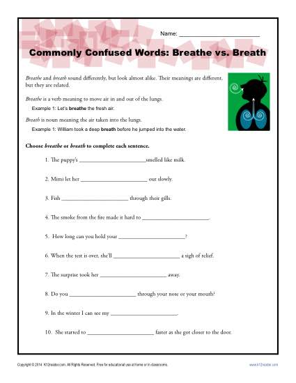 Breathe vs. Breath - Commonly Confused Words Worksheet Activity