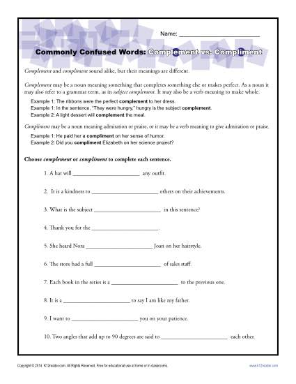Complement vs. Compliment - Commonly Confused Words Practice Worksheet