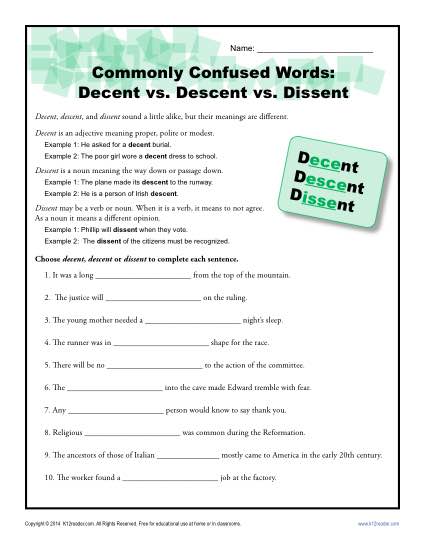 Decent Descent vs. Dissent - Commonly Confused Words Practice Worksheet