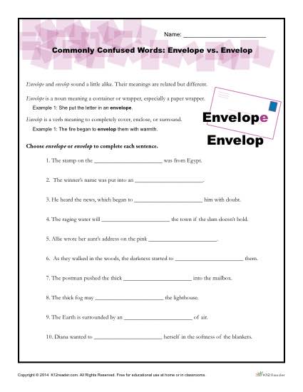 Commonly Confused Words Worksheet Activity - Envelope vs Envelop