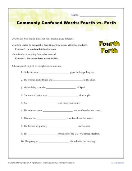 Fourth vs. Forth - Commonly Confused Words Practice Worksheet
