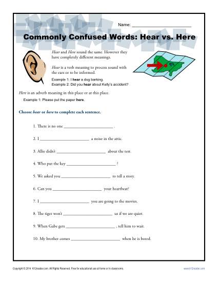 Hear vs. Here - Commonly Confused Words Worksheet Activity