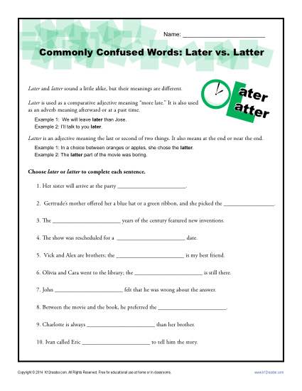 Later vs. Latter - Commonly Confused Words Practice Worksheet