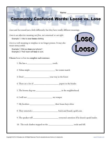 Loose vs. Lose - Commonly Confused Words Worksheet Activity