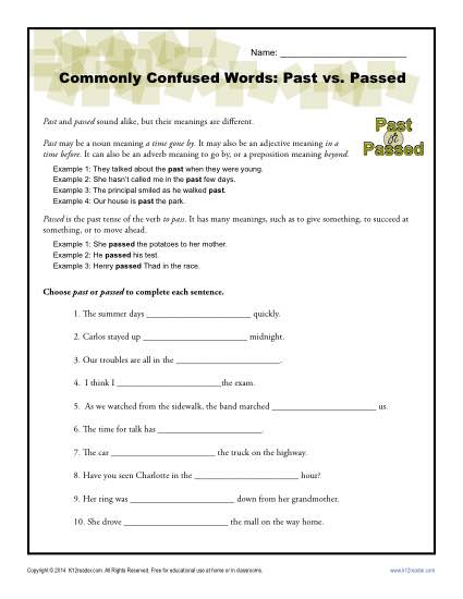 Past vs. Passed - Commonly Confused Words Worksheet Activity