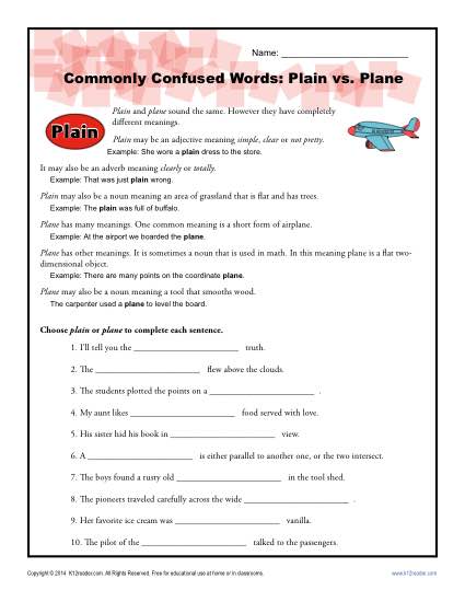 Plain vs. Plane - Commonly Confused Words Worksheet Activity