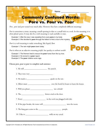 Pore vs. Pour vs. Poor - Commonly Confused Words Worksheet Activity
