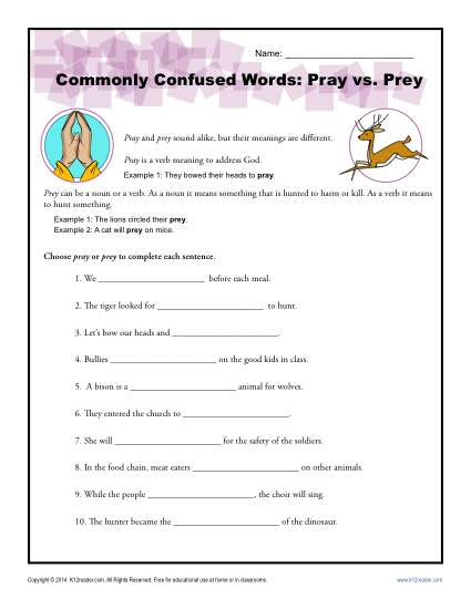 Pray vs. Prey - Commonly Confused Words Worksheet Activity