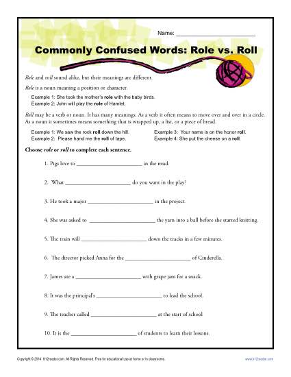 Roll vs Role - Commonly Confused Words Practice Worksheet