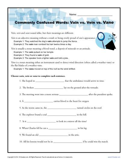 Vain Vein Vane - Commonly Confused Words Practice Worksheet