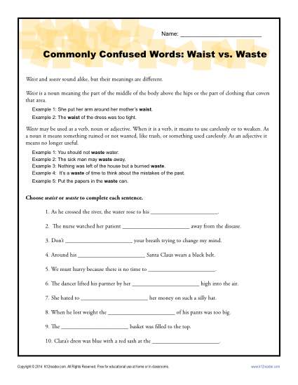 Waist vs Waste - Commonly Confused Words Practice Worksheet