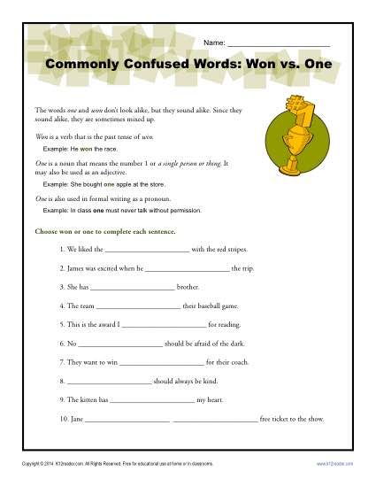 Won vs. One - Commonly Confused Words Worksheet Activity