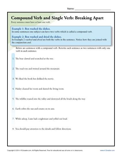 Compound Verb and Single Verbs Worksheet Activity - Breaking Apart