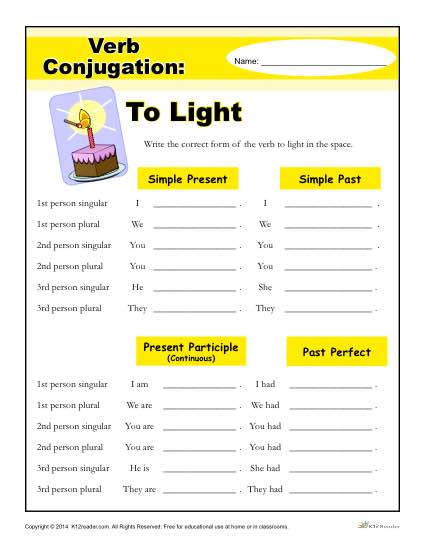 Free, Printable Verb Conjugation Activity - To Light