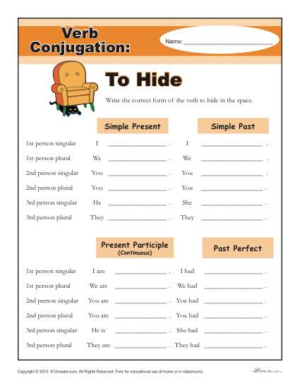 Printable Verb Conjugation Worksheet - To Hide
