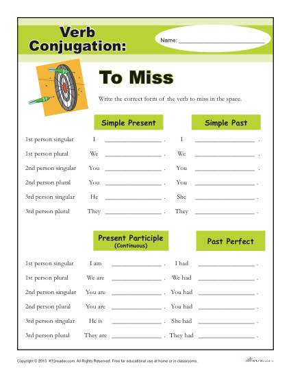 Printable Verb Conjugation Worksheet - To Miss