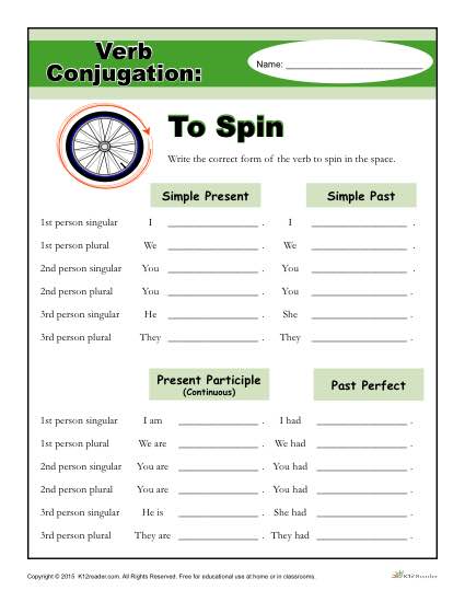 Printable Verb Conjugation Worksheet - To Spin