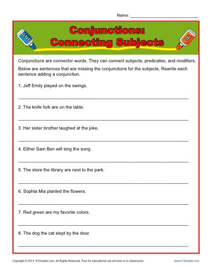 Conjunction Worksheet Activity - Connecting Subjects