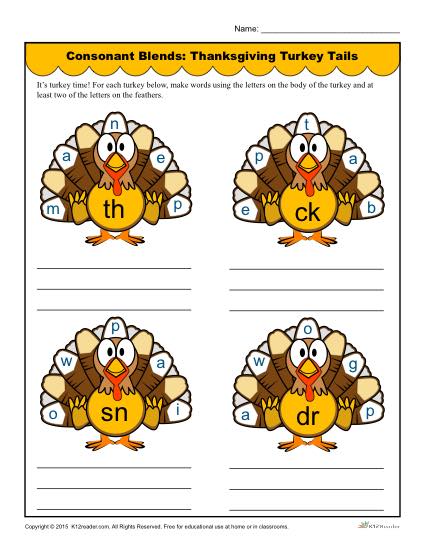 Consonant Blends Worksheet - Thanksgiving Turkey Tails