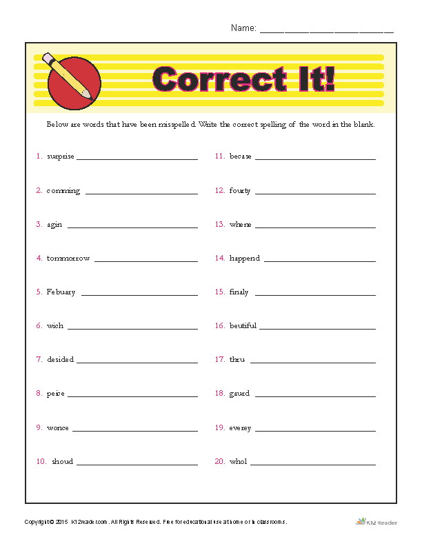 Spelling Correction Worksheet Activity