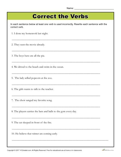 Correct the Verbs - 4th Grade through 6th Grade Worksheet