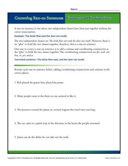 Commas and Conjunctions Worksheet Activity - Correcting Run-on Sentences