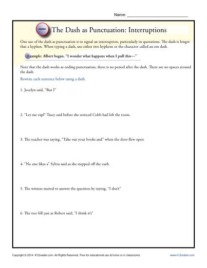 Puntuation Practice Activity - The Dash - Interruptions