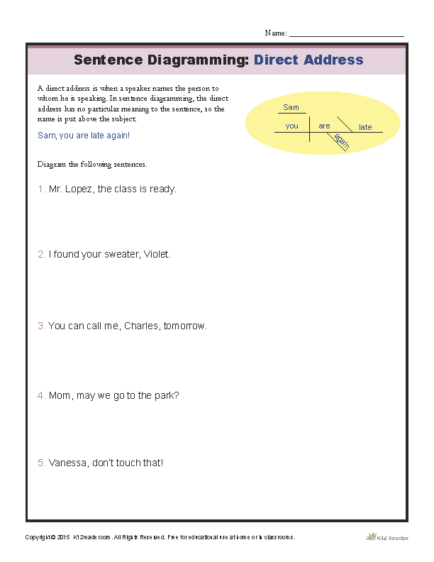 Printable Sentence Diagram Worksheet - Diagramming Direct Address
