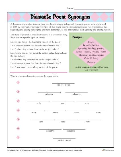 Diamante Poem Activity on Synonyms