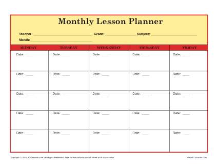 Elementary School Monthly Lesson Plan Template