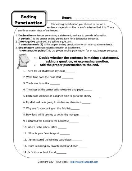 Free, Printable Ending Punctuation Worksheet Activity