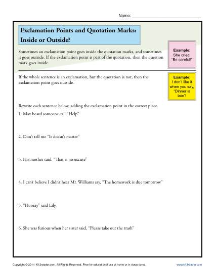Exclamation Points and Quotation Marks Worksheet Practice Activity