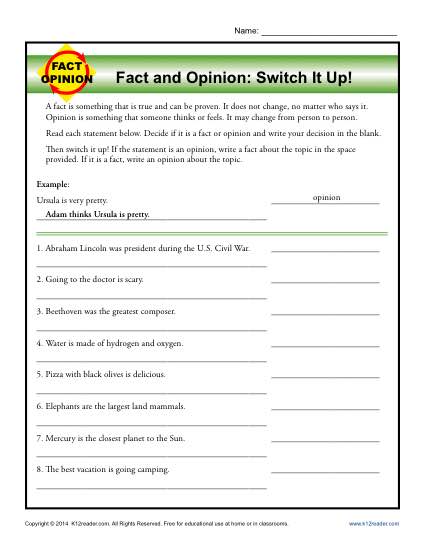 Fact and Opinion Worksheet Activity - Switch it Up!