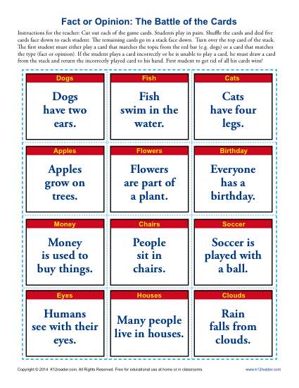 Fact and Opinion Worksheets - The Battle of the Cards Activity