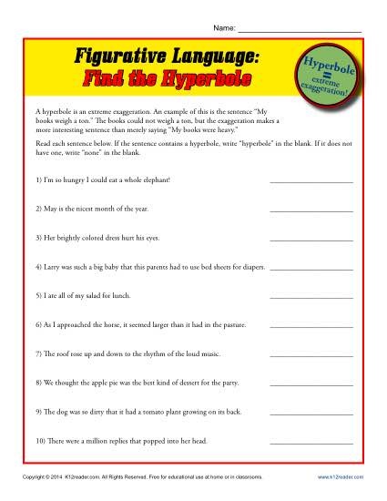 Figurative Language - Find the Hyperbole -Free, Printable Worksheet Lesson Activity