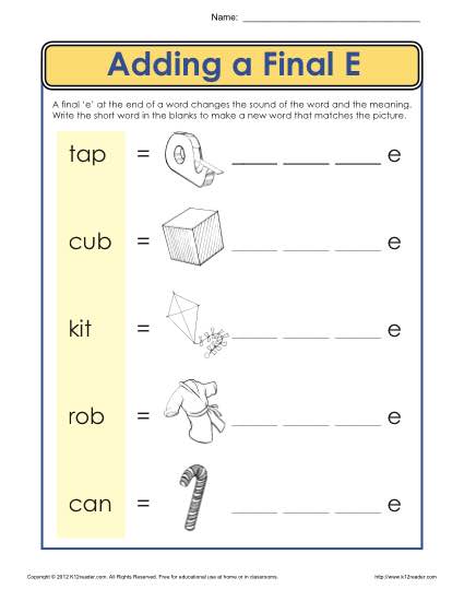 Adding a Final E - Printable Vowel Practice Activity for Kids