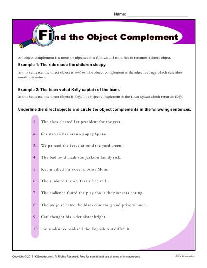 Find the Object Complement - Printable Reading Skills Worksheet