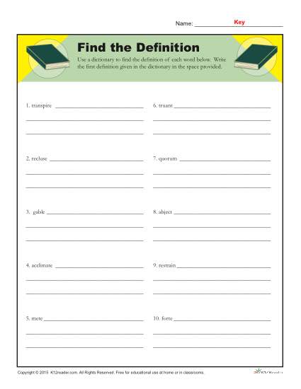 Using the Dictionary Prinbtable Activity - Find The Definition