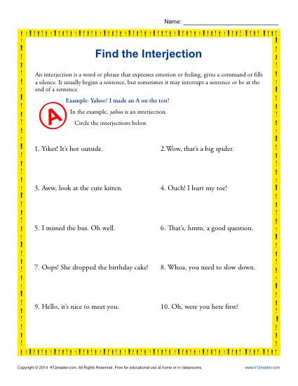 Interjection Worksheet - Find the Interjection