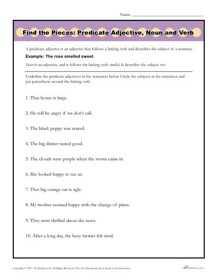 Predicate Adjective Worksheet Activity - Find the Pieces!