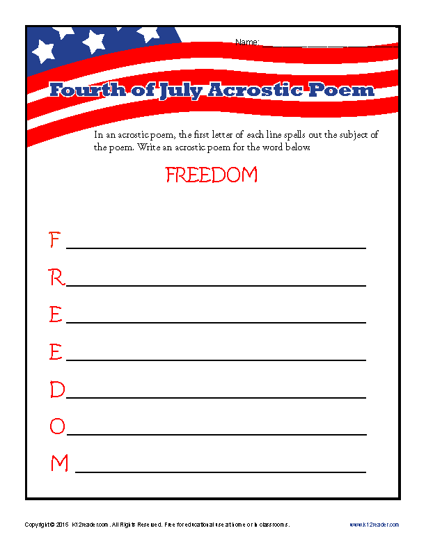 Printable Fourth of July Acrostic Poem Activity