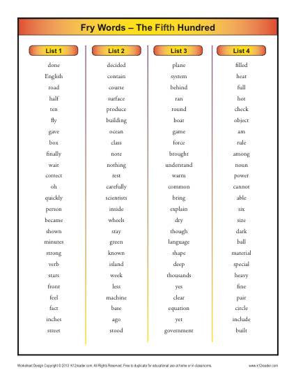 Fry Instant Sight Words 5th Hundred