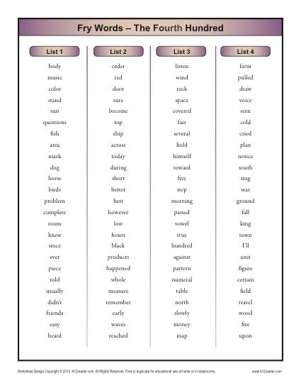Fry Instant Sight Words 4th Hundred