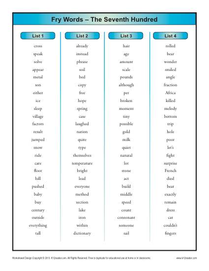 Sight Words List - Free, Printable Fry Word List - 7th 100