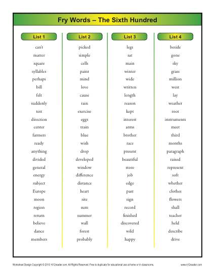 Sight Words List - Free, Printable Fry Word List - Sixth 100