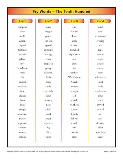 Sight Words List - Free, Printable Fry Word List - Tenth 100